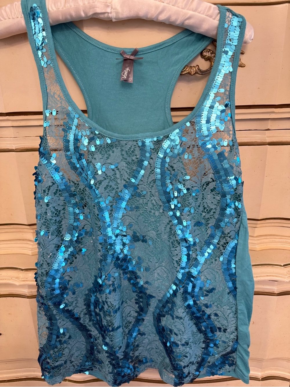 Vanity Turquoise Sequin Lace Tank Top